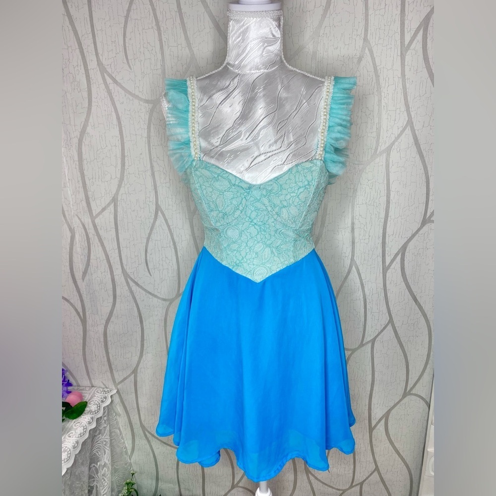 🎀🍒 Blue Green Lace Colourblock Contrast A Line Dress 🍒🎀 Pearl Ruffle Trim Straps - Picture 3 of 13